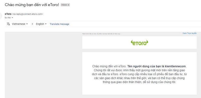 Email chào mừng Etoro - etoro là gì